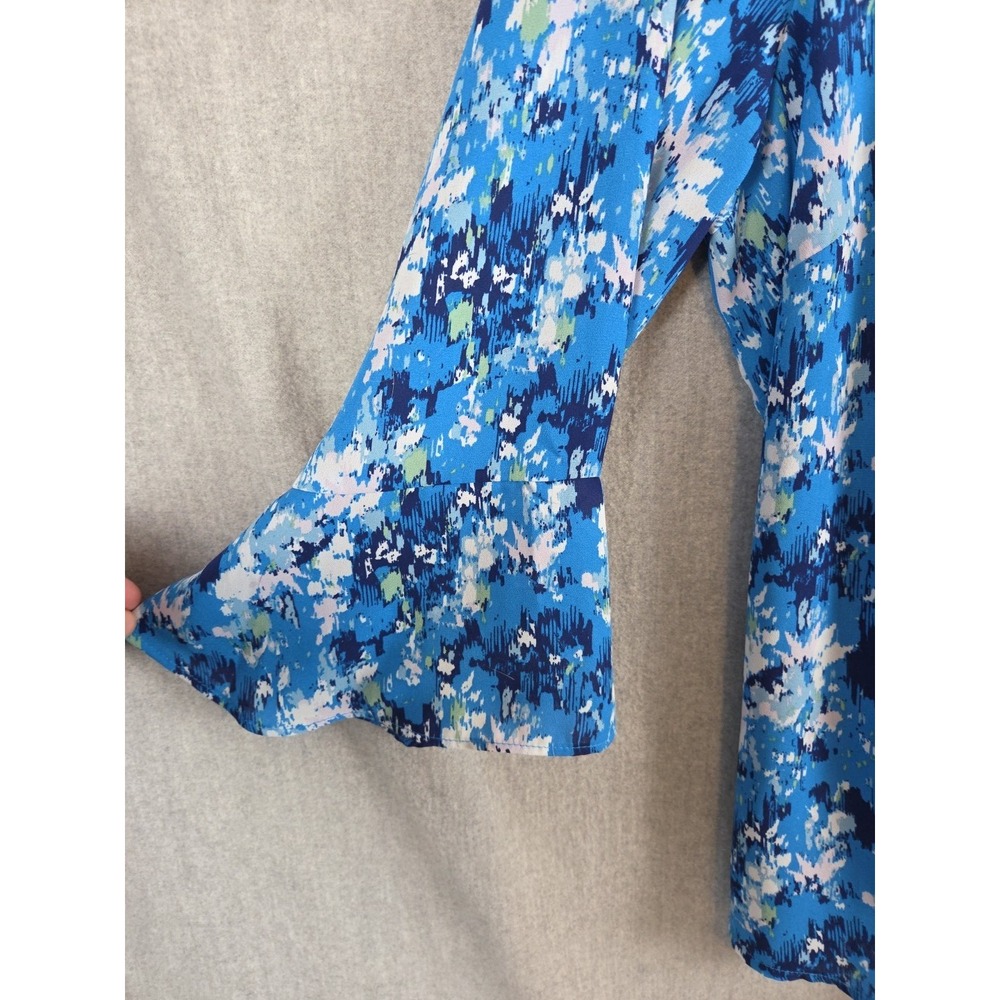 Style & Co Blouse‎ 2X Pleated V Neck Ruffle Sleeve Tunic Floral Blue Boho Flowy - Picture 2 of 11